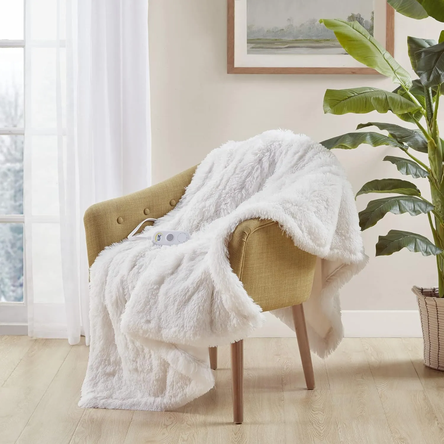 Serta Mila Shaggy Heated Throw Blanket - Soft Faux Fur Heated Blanket, Fast Heating, Auto Shut Off Timer, Low EMF, 5 Heat Setting, ETL Certified, Machine Washable Electric Blanket, Champagne 50"x60"