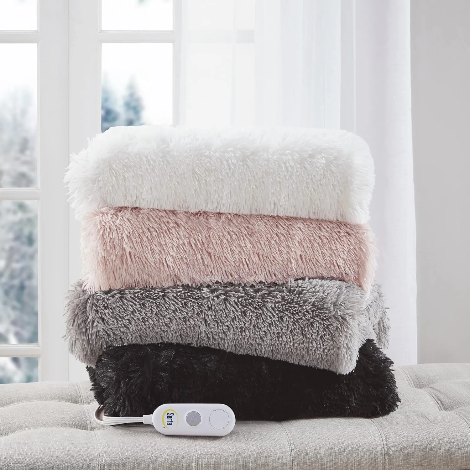 Serta Mila Shaggy Heated Throw Blanket - Soft Faux Fur Heated Blanket, Fast Heating, Auto Shut Off Timer, Low EMF, 5 Heat Setting, ETL Certified, Machine Washable Electric Blanket, Champagne 50"x60"