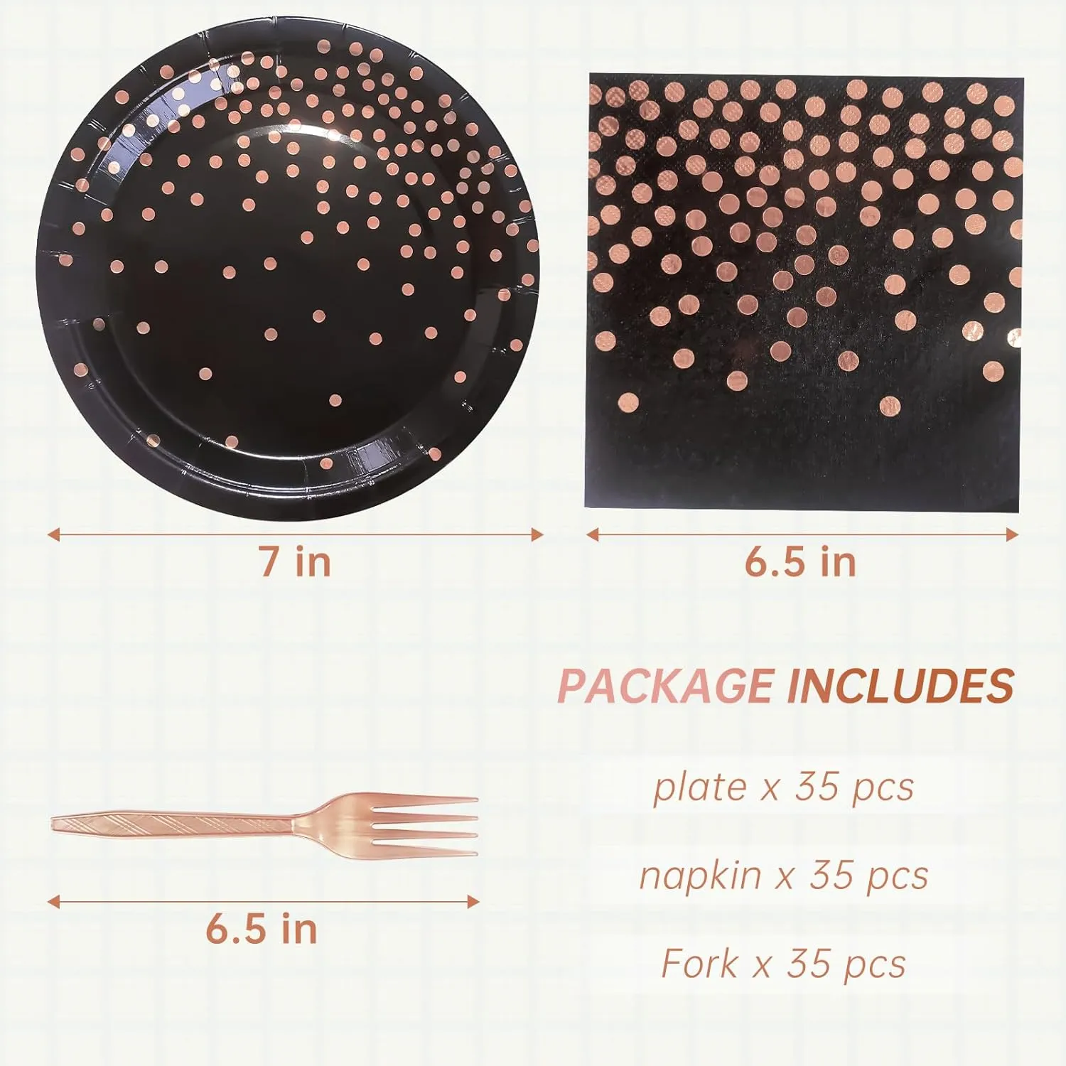 Serve 35 Guests Black and Rose Gold Party Supplies,7 Inch Black and Rose Gold Paper Plates and Napkins for Wedding Birthday,Retirement,Father's Day