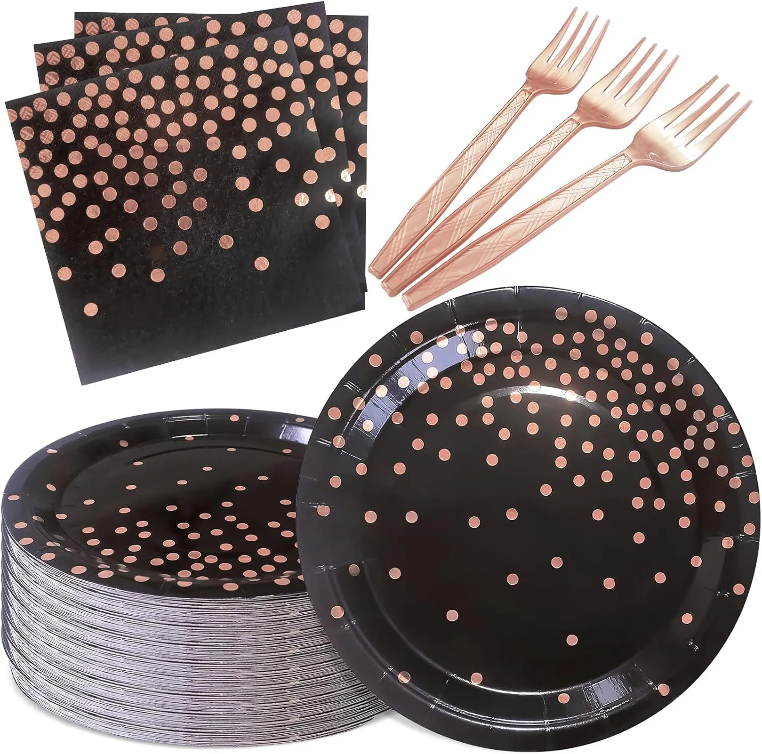 Serve 35 Guests Black and Rose Gold Party Supplies,7 Inch Black and Rose Gold Paper Plates and Napkins for Wedding Birthday,Retirement,Father's Day