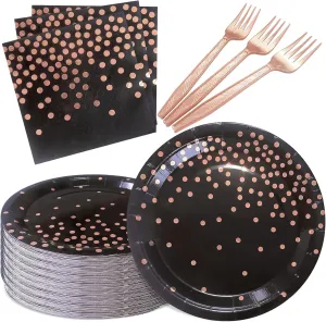 Serve 35 Guests Black and Rose Gold Party Supplies,7 Inch Black and Rose Gold Paper Plates and Napkins for Wedding Birthday,Retirement,Father's Day