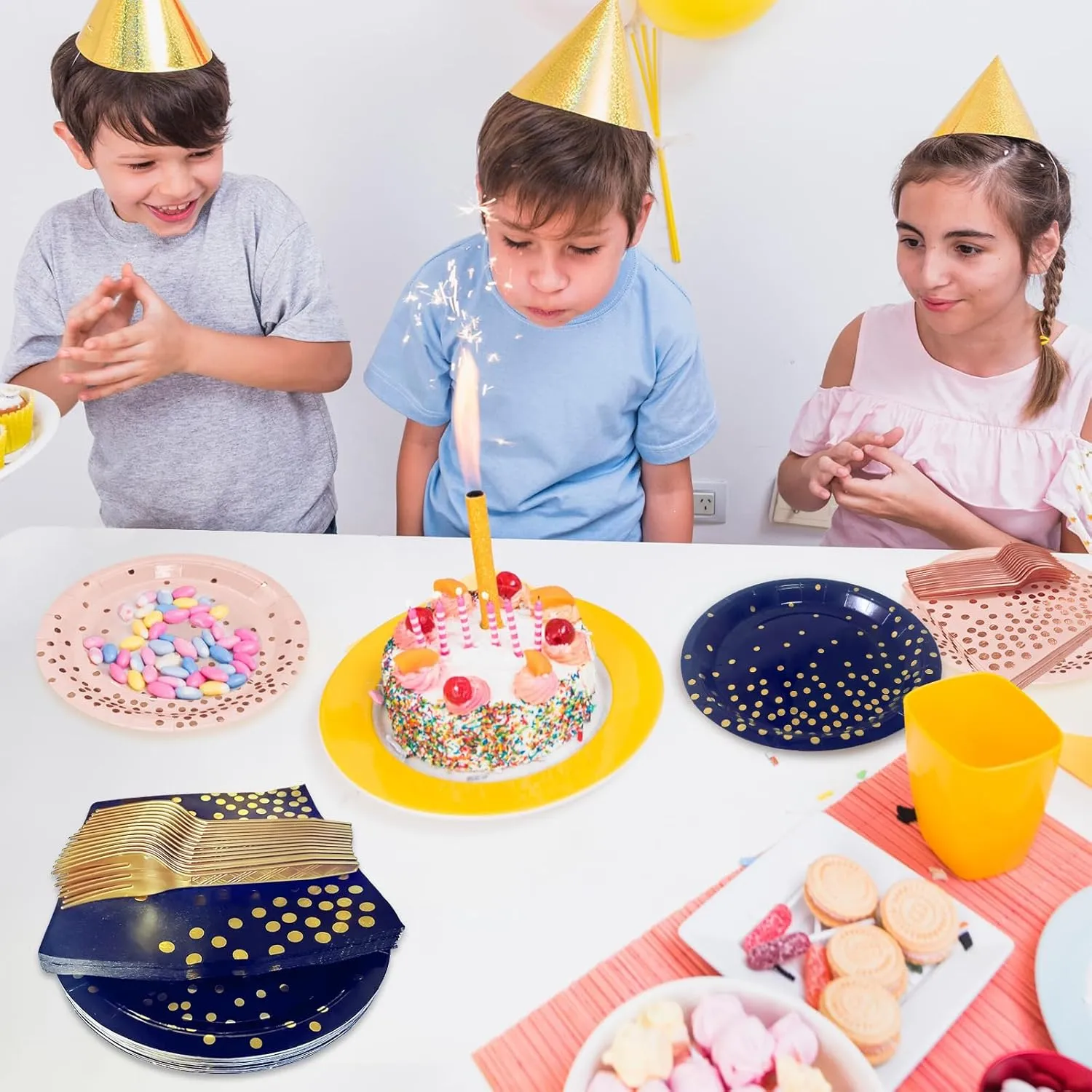 Serve 35 Guests Black and Rose Gold Party Supplies,7 Inch Black and Rose Gold Paper Plates and Napkins for Wedding Birthday,Retirement,Father's Day