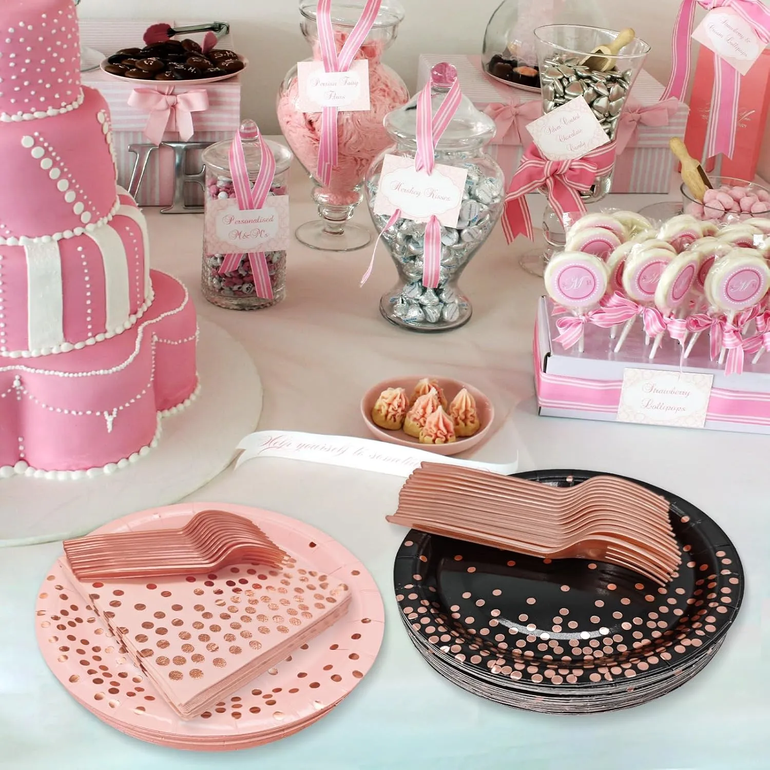 Serve 35 Guests Black and Rose Gold Party Supplies,7 Inch Black and Rose Gold Paper Plates and Napkins for Wedding Birthday,Retirement,Father's Day