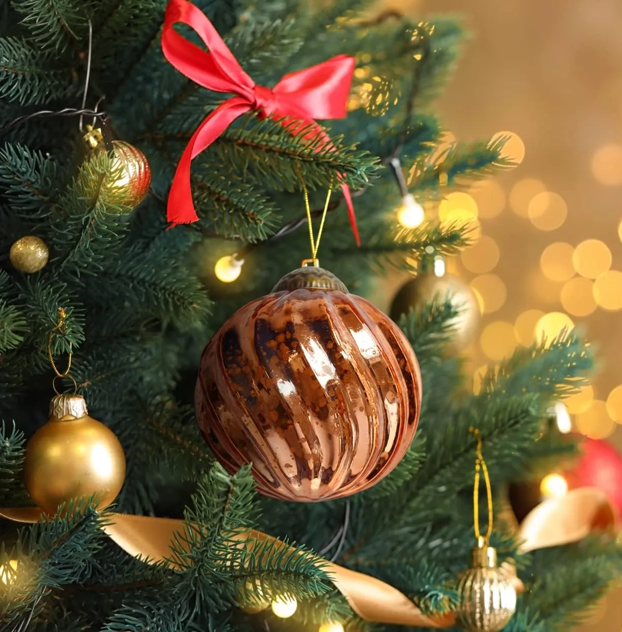 Set of 4 Rose Gold Pink Copper Mercury Glass Ornaments (3.15" Classic Twist Ball) - Perfect for Christmas Tree, Hanging Holiday Decoration, Gifts & Home Decor