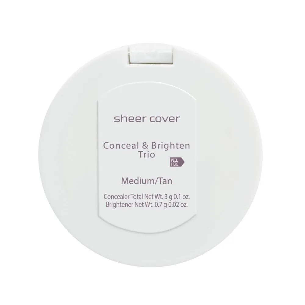 Sheer Cover Studio – Conceal and Brighten Highlight Trio – Two-Toned Concealers – Shimmering Highlighter – Medium/Tan Shade – With FREE Concealer Brush – 3 Grams