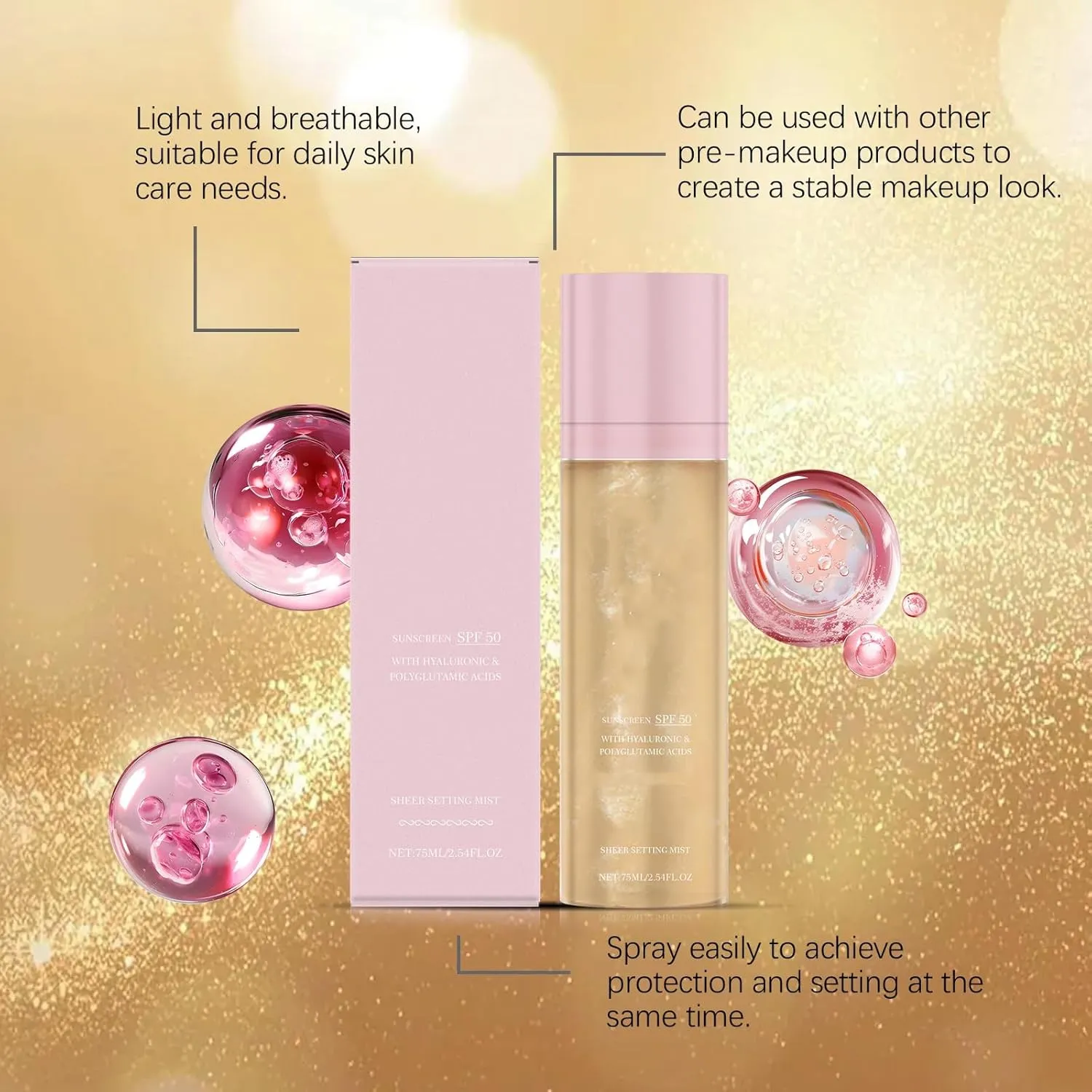 Sheer Setting Mist, Face Nighter Setting Spray With Shimmering Body Oil, Setting Mist Spf 50 Long-Lasting Moisturizing (Pink)