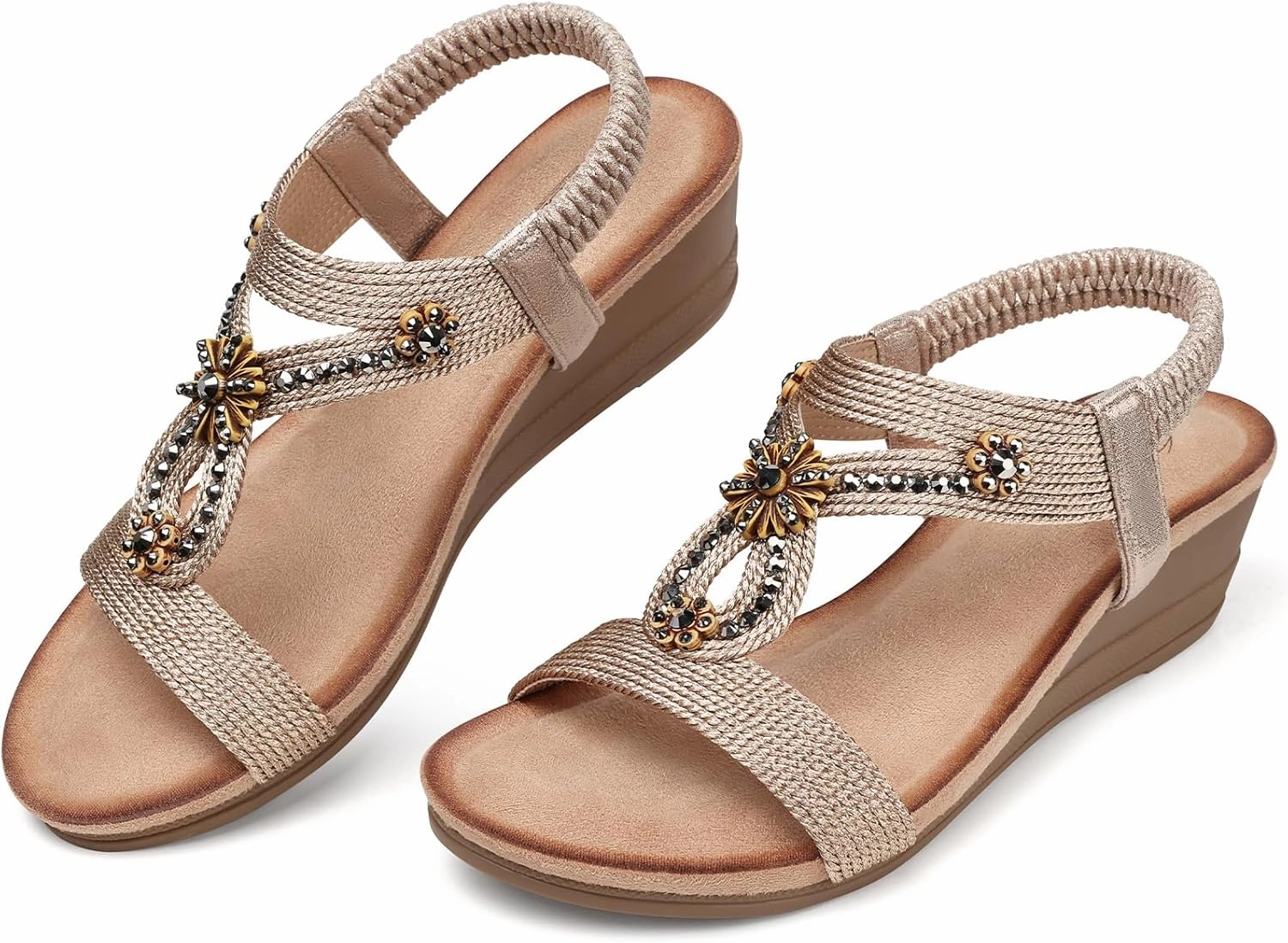 SHIBEVER Womens Wedge Sandals Flower Low Heel Dressy Sandals Elastic Ankle Strap Rhinestone Summer Comfortable Shoe