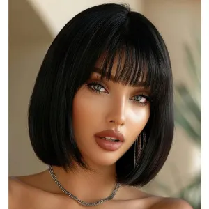Short Black Bob Wig With Bangs -12 Inch Natural Fashion Bob Wigs for Women, Cute Colored Synthetic Wig for Daily Party Halloween