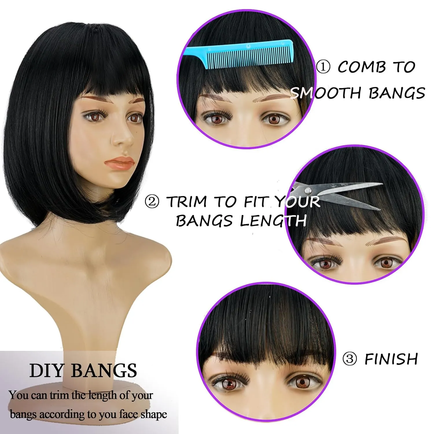 Short Black Bob Wig With Bangs -12 Inch Natural Fashion Bob Wigs for Women, Cute Colored Synthetic Wig for Daily Party Halloween