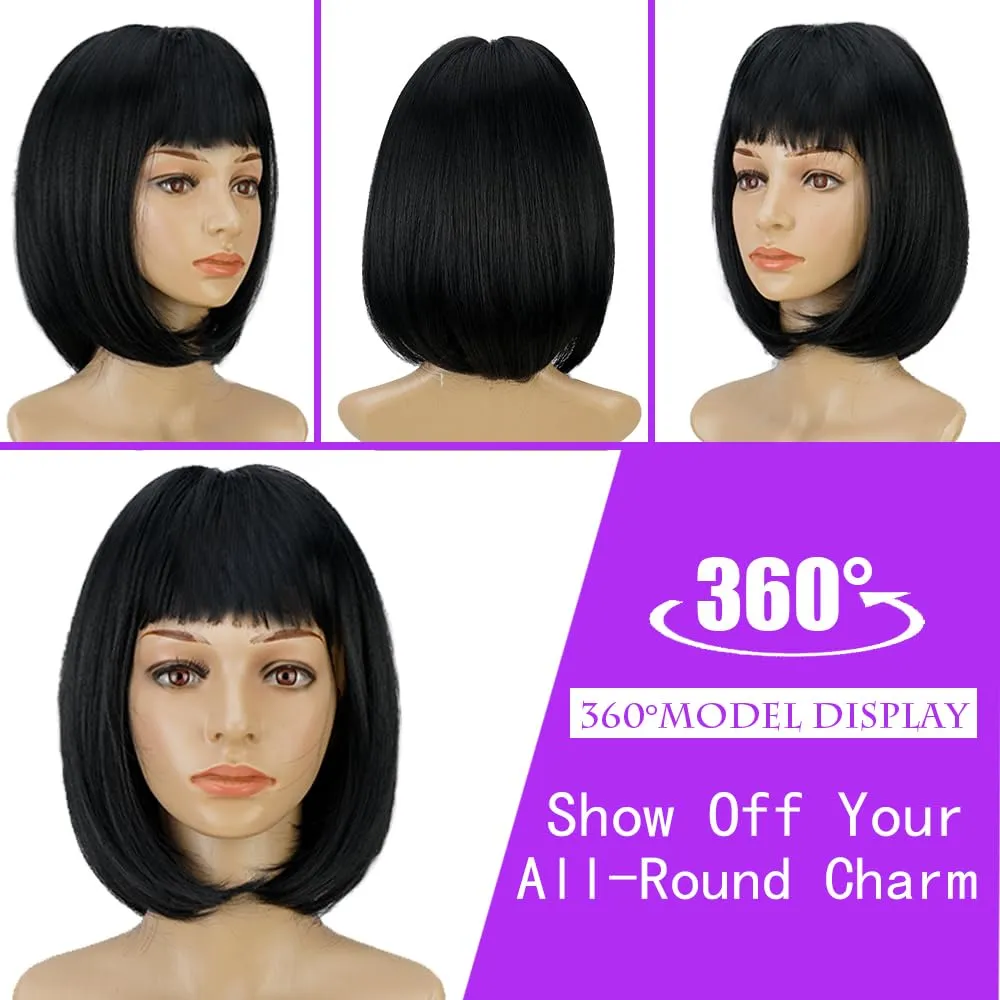 Short Black Bob Wig With Bangs -12 Inch Natural Fashion Bob Wigs for Women, Cute Colored Synthetic Wig for Daily Party Halloween