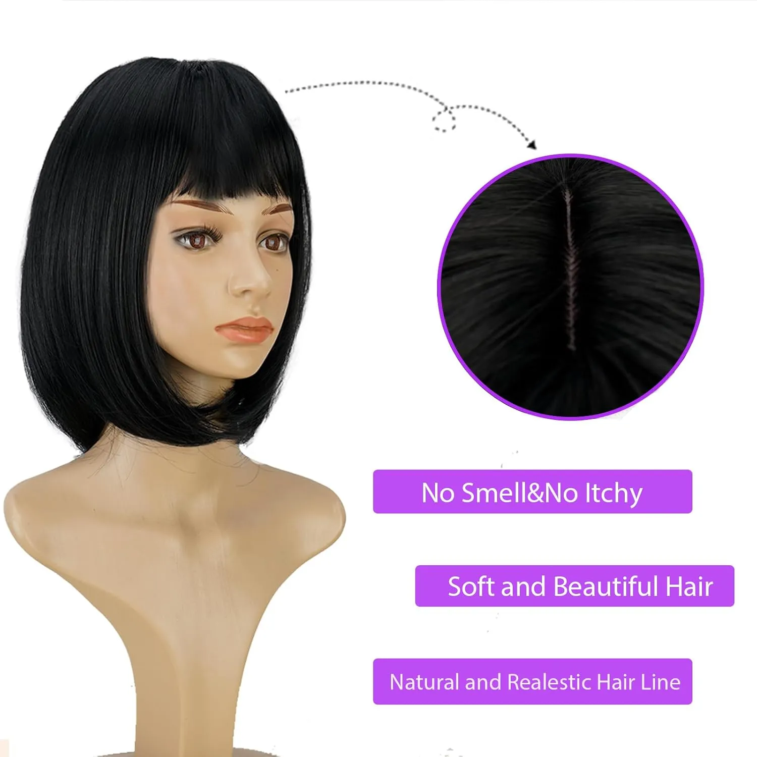 Short Black Bob Wig With Bangs -12 Inch Natural Fashion Bob Wigs for Women, Cute Colored Synthetic Wig for Daily Party Halloween