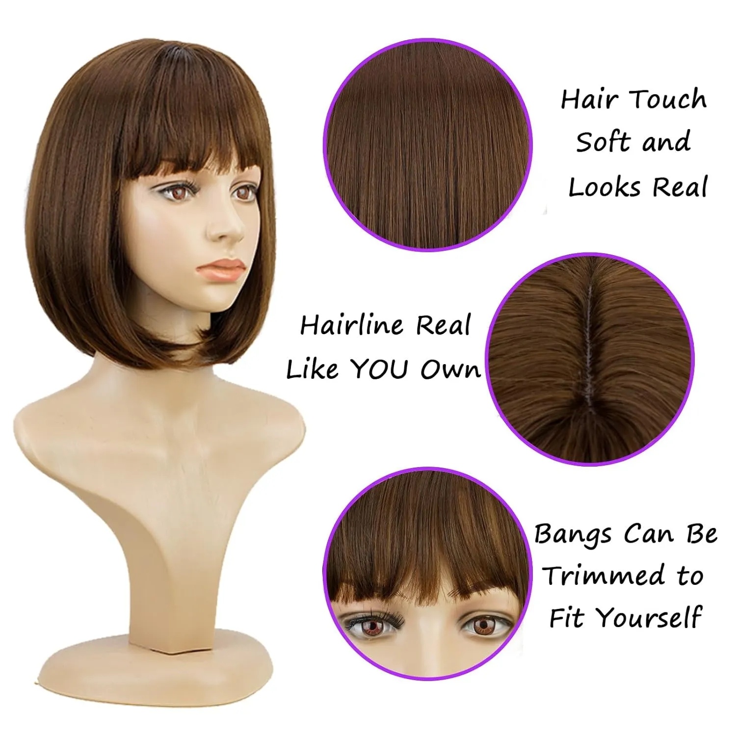 Short Brown Bob Wig With Bangs -12 Inch Natural Fashion Bob Wigs for Women, Cute Colored Synthetic Wig for Daily Party Halloween (Brown)