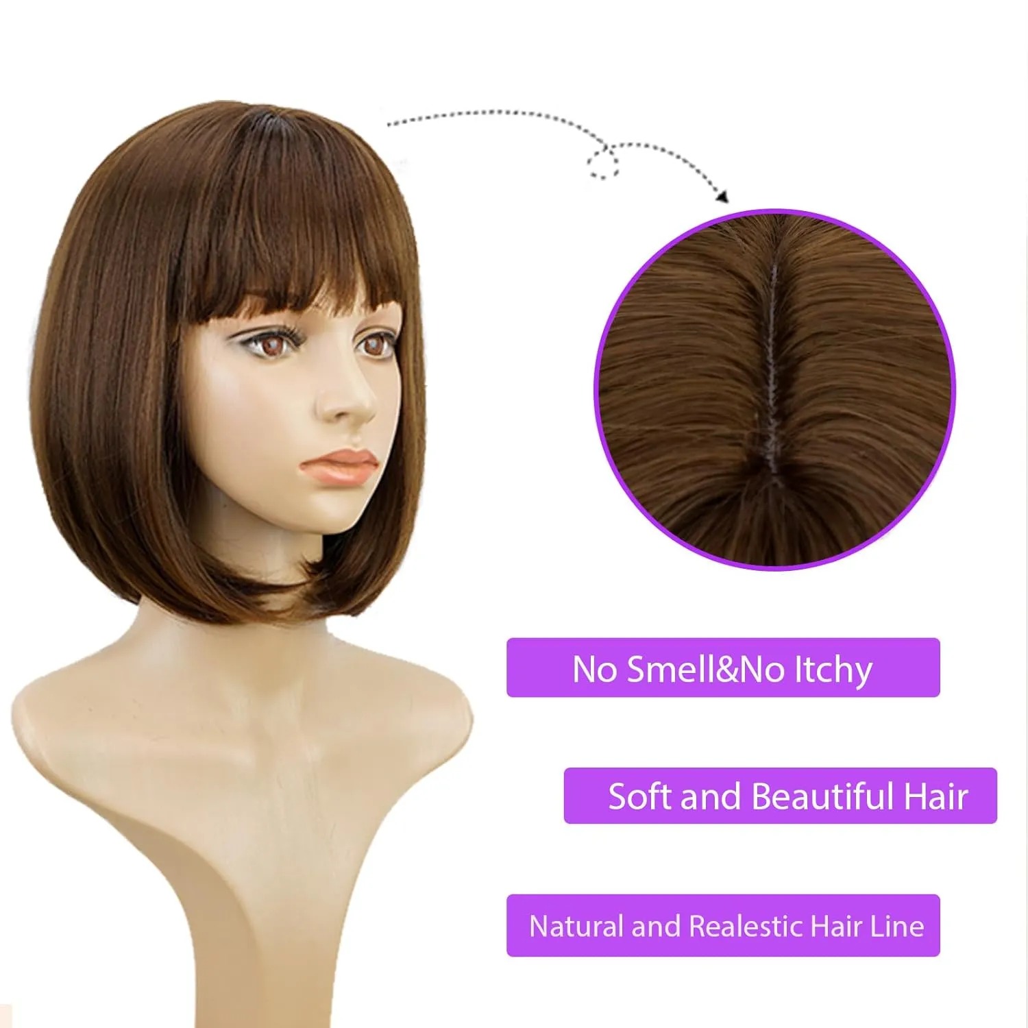 Short Brown Bob Wig With Bangs -12 Inch Natural Fashion Bob Wigs for Women, Cute Colored Synthetic Wig for Daily Party Halloween (Brown)