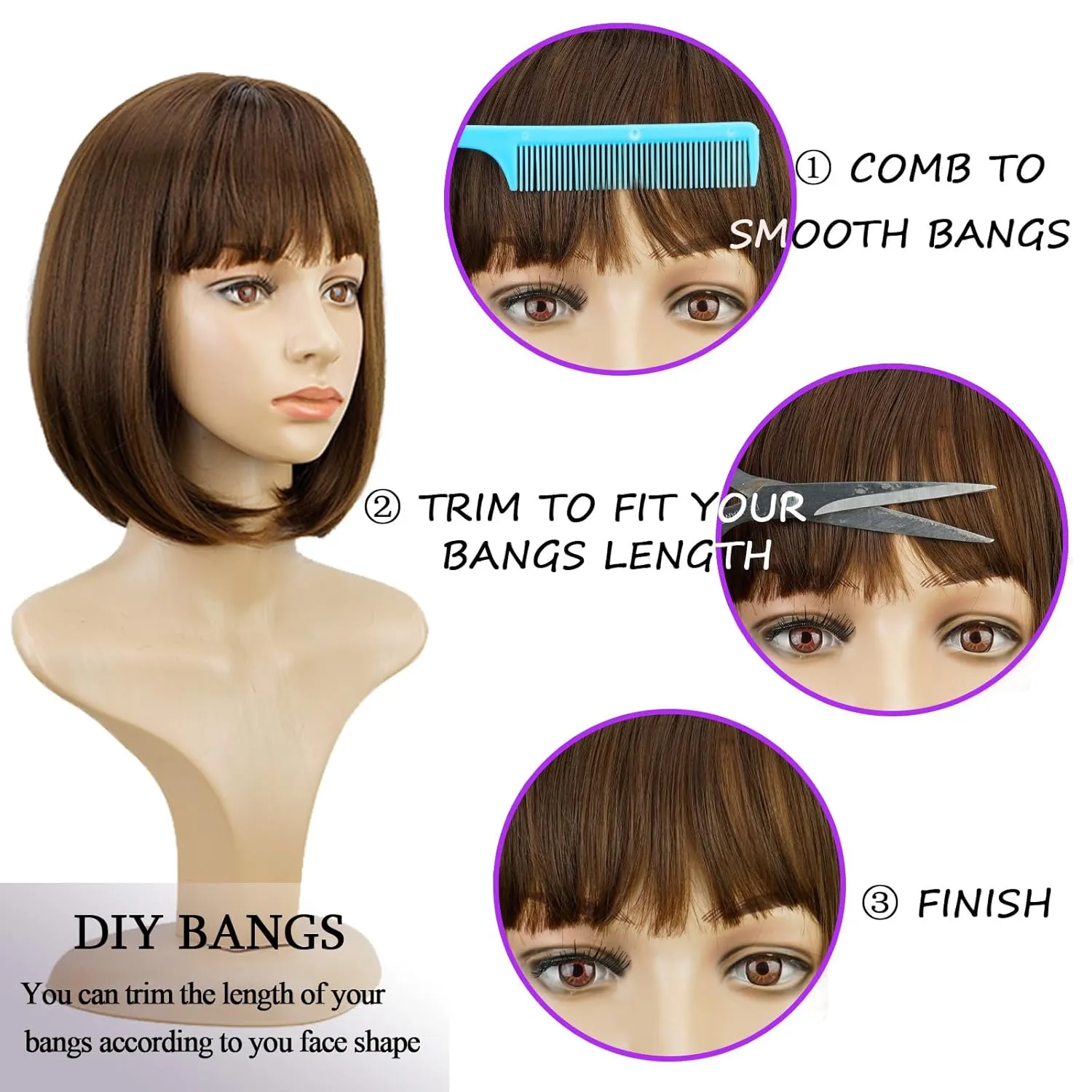Short Brown Bob Wig With Bangs -12 Inch Natural Fashion Bob Wigs for Women, Cute Colored Synthetic Wig for Daily Party Halloween (Brown)