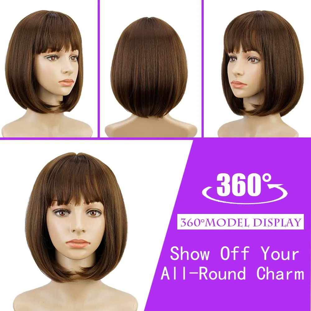 Short Brown Bob Wig With Bangs -12 Inch Natural Fashion Bob Wigs for Women, Cute Colored Synthetic Wig for Daily Party Halloween (Brown)