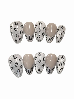 Short Press-On Nails, Silver Glitter Leopard Print, Almond Shape, Beige and Black, 10 Pieces (Silver, Medium hands)