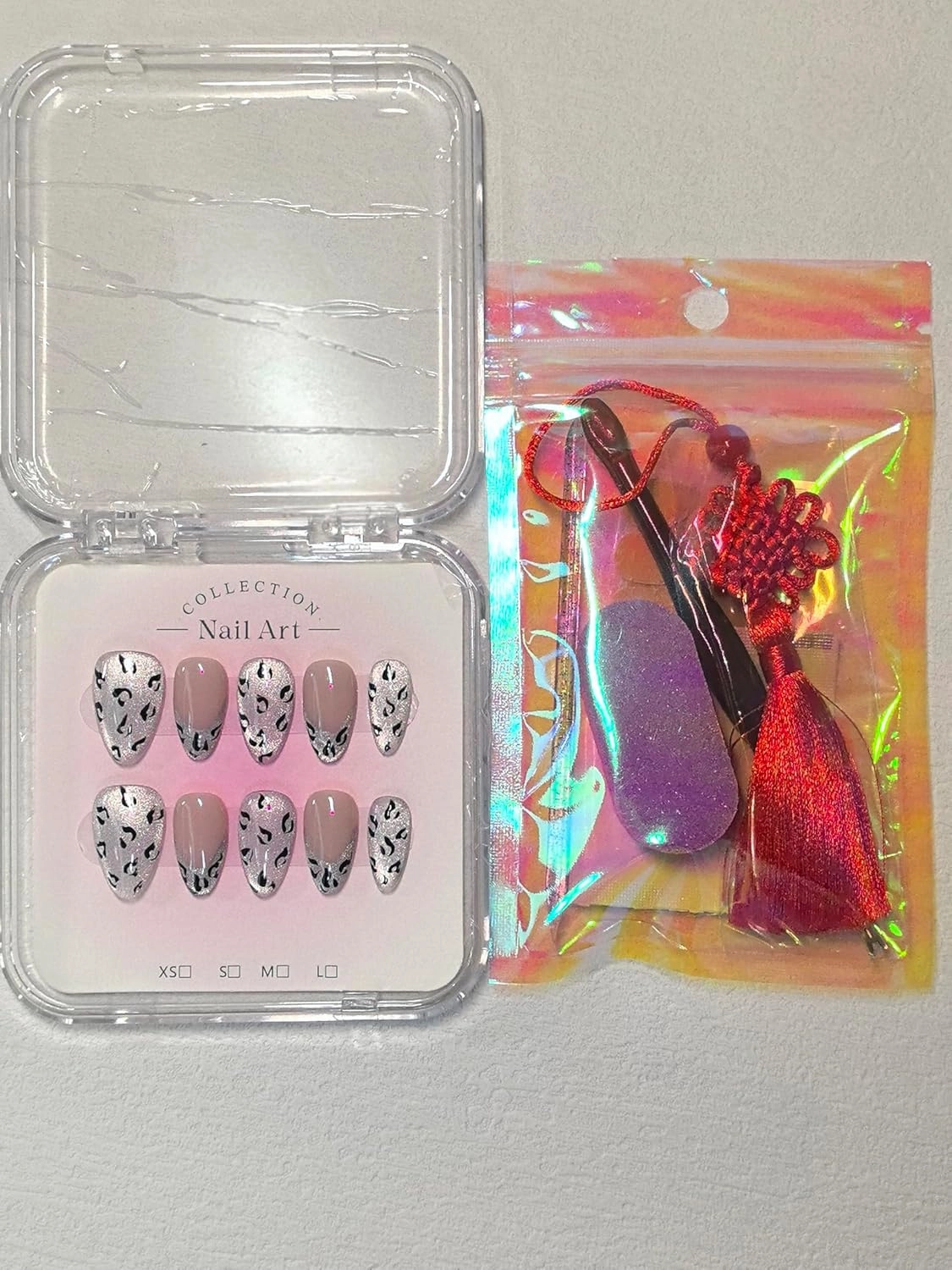 Short Press-On Nails, Silver Glitter Leopard Print, Almond Shape, Beige and Black, 10 Pieces (Silver, Medium hands)
