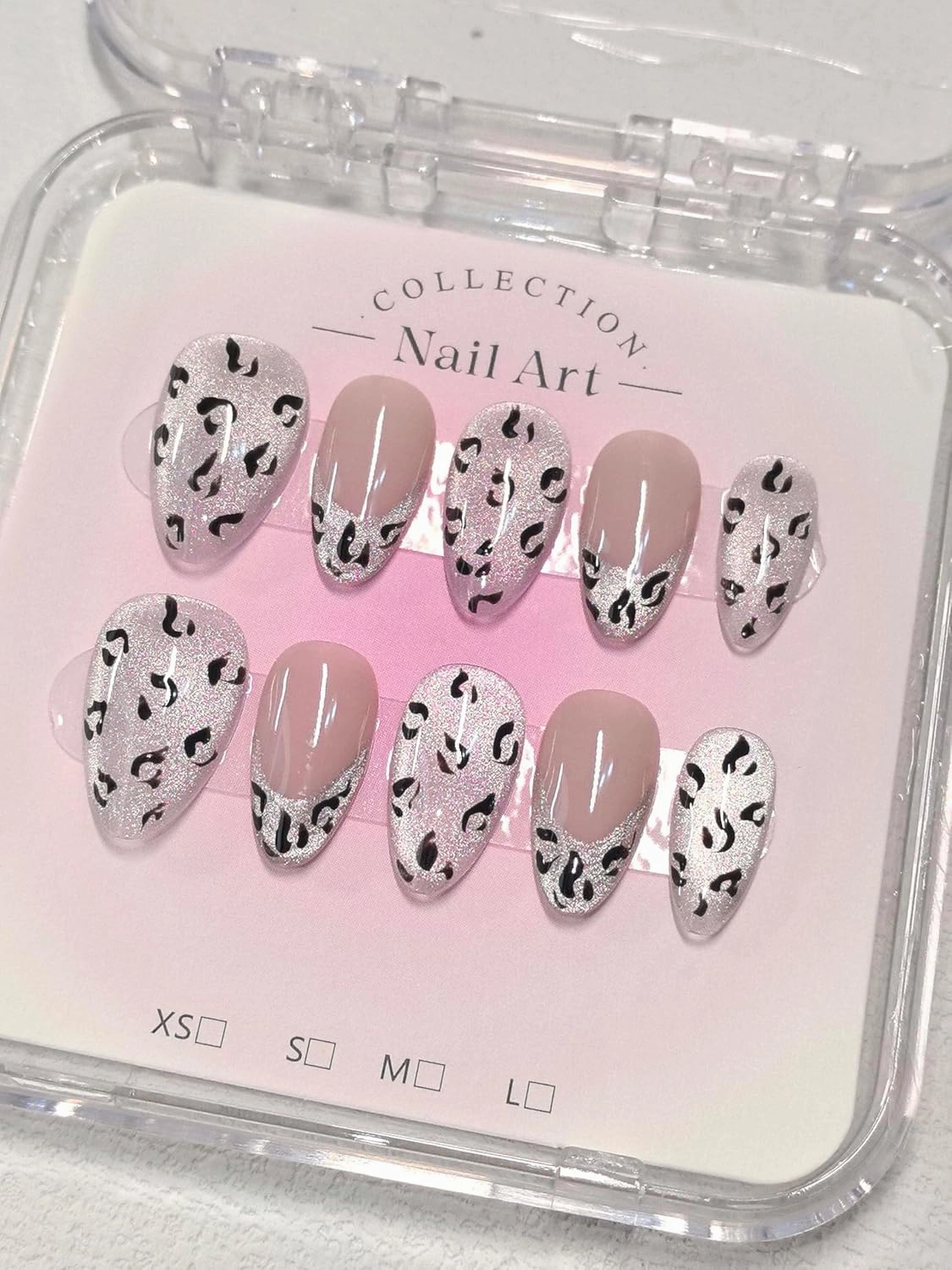 Short Press-On Nails, Silver Glitter Leopard Print, Almond Shape, Beige and Black, 10 Pieces (Silver, Medium hands)
