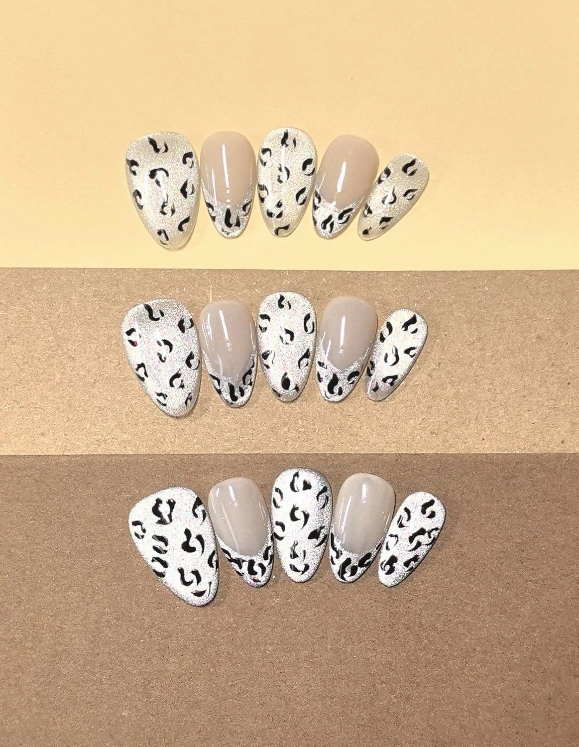 Short Press-On Nails, Silver Glitter Leopard Print, Almond Shape, Beige and Black, 10 Pieces (Silver, Medium hands)