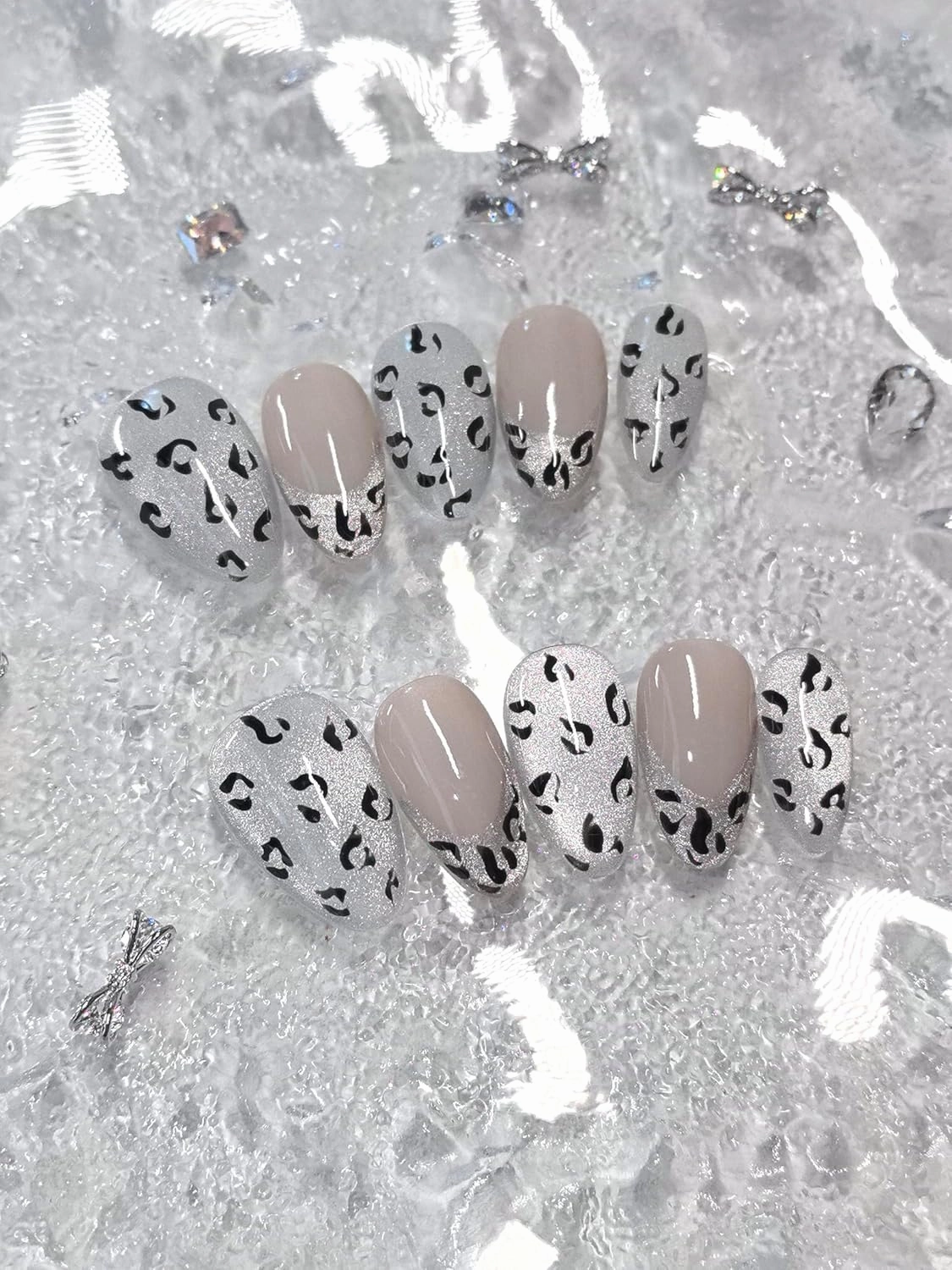 Short Press-On Nails, Silver Glitter Leopard Print, Almond Shape, Beige and Black, 10 Pieces (Silver, Medium hands)