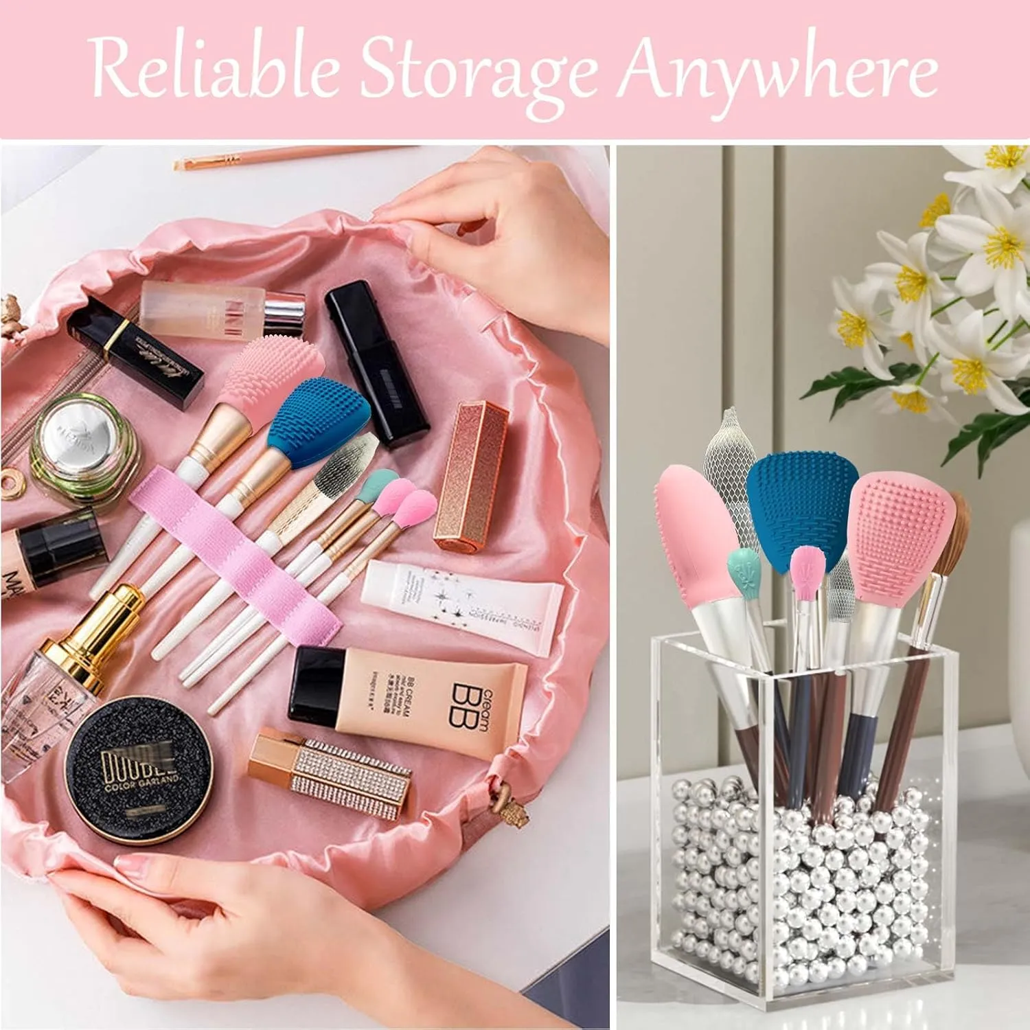 Silicone Travel Make-up Brush Holder with Cleaner Mat Pad, Organizer Case Covers for Foundation Eye Lip Brushes Storage Cleaning, Gift for Women Girl-friend Mother Wife, 5-Pcs Large   7 Small, Blue