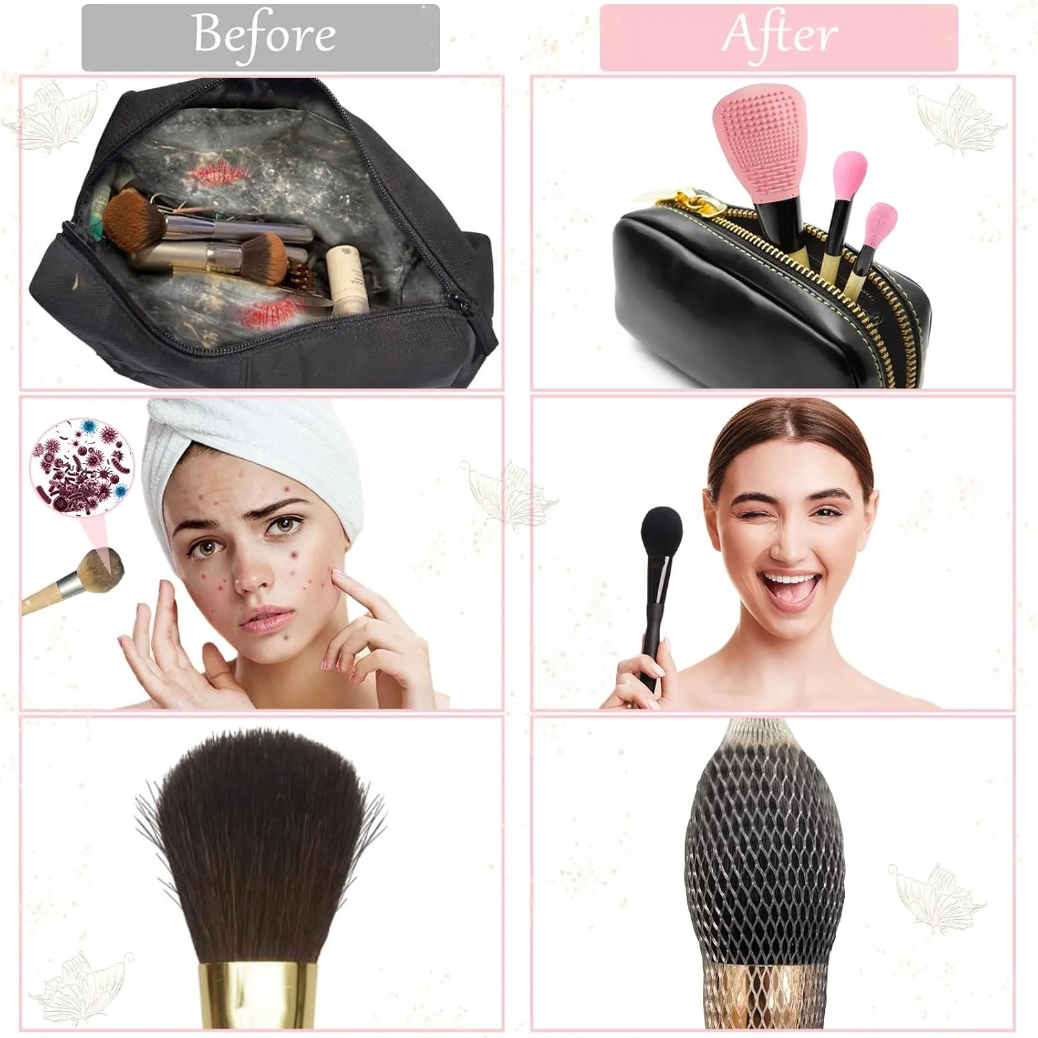 Silicone Travel Make-up Brush Holder with Cleaner Mat Pad, Organizer Case Covers for Foundation Eye Lip Brushes Storage Cleaning, Gift for Women Girl-friend Mother Wife, 5-Pcs Large   7 Small, Blue
