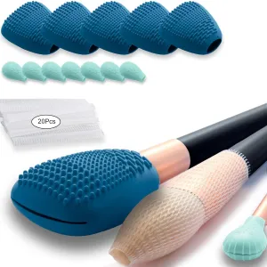 Silicone Travel Make-up Brush Holder with Cleaner Mat Pad, Organizer Case Covers for Foundation Eye Lip Brushes Storage Cleaning, Gift for Women Girl-friend Mother Wife, 5-Pcs Large   7 Small, Blue