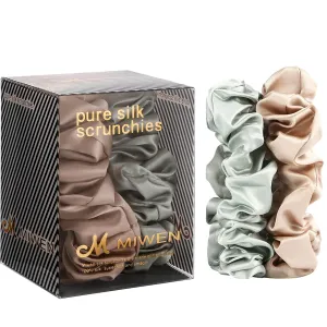 Silk Scrunchies, Pure Mulberry Silk Hair Ties, 22 Momme, Large (Green|Champagne- 2 Pk)