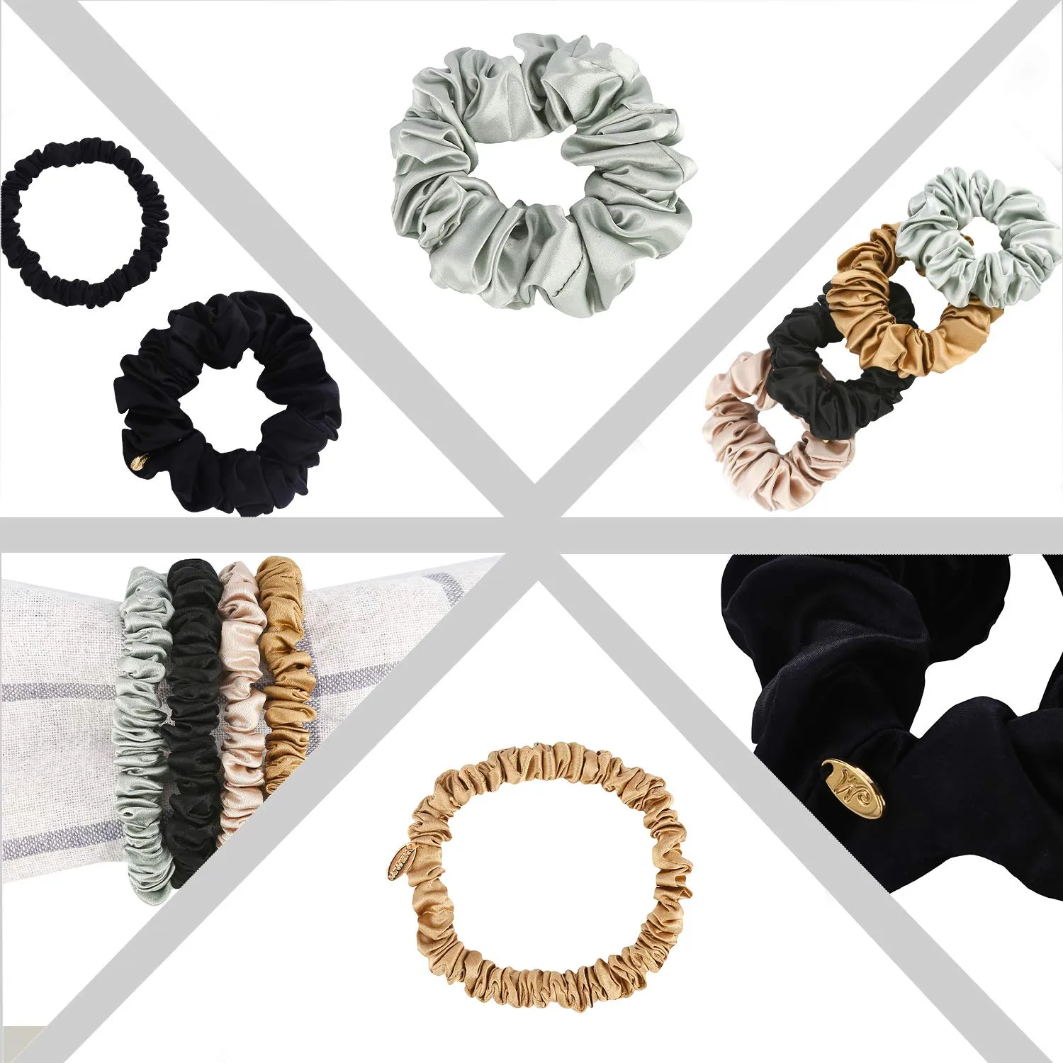 Silk Scrunchies, Pure Mulberry Silk Hair Ties, 22 Momme, Large (Green|Champagne- 2 Pk)