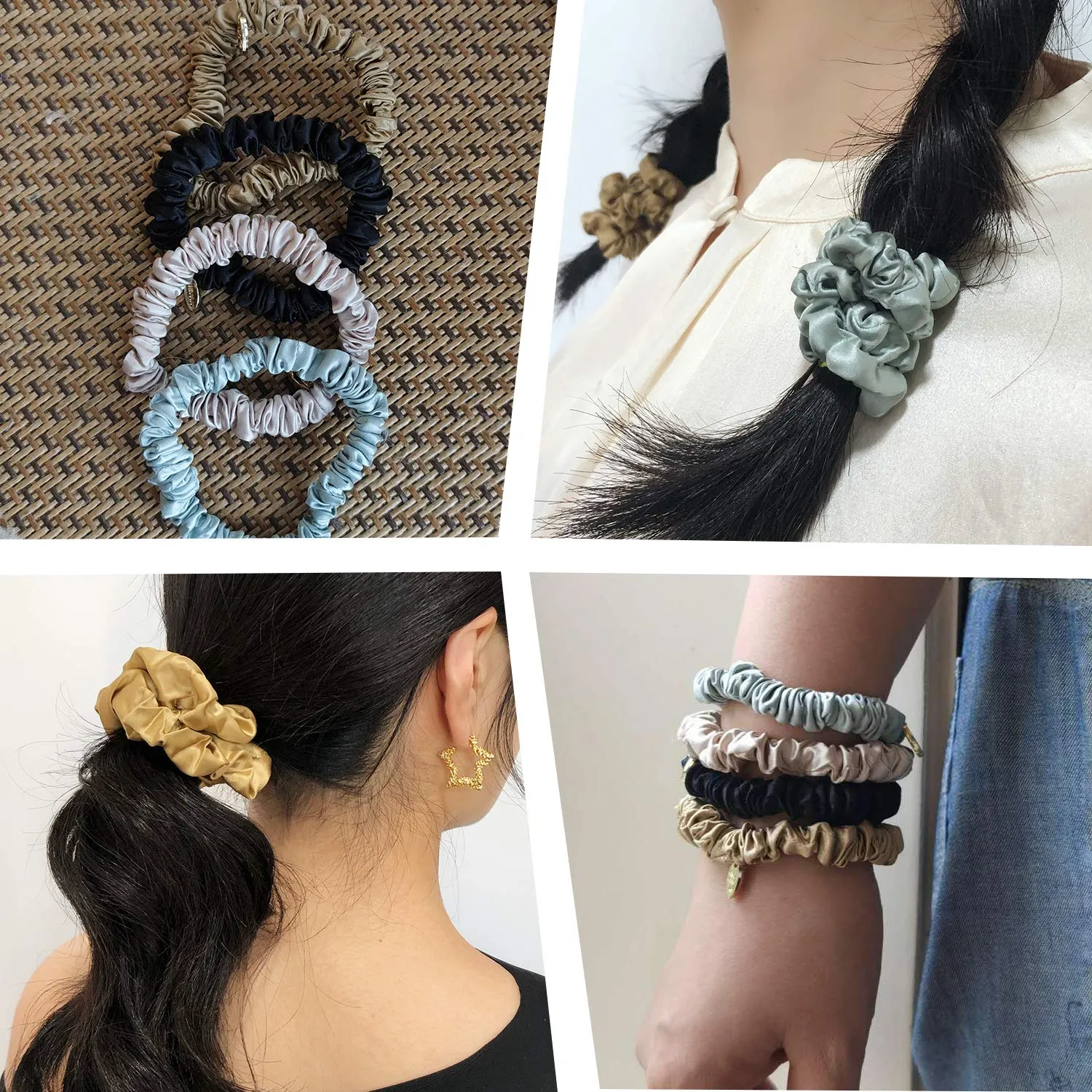 Silk Scrunchies, Pure Mulberry Silk Hair Ties, 22 Momme, Large (Green|Champagne- 2 Pk)