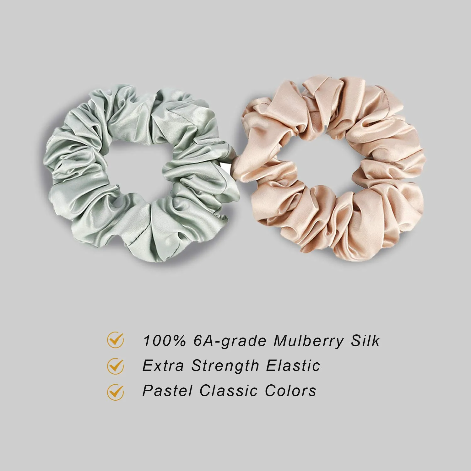 Silk Scrunchies, Pure Mulberry Silk Hair Ties, 22 Momme, Large (Green|Champagne- 2 Pk)