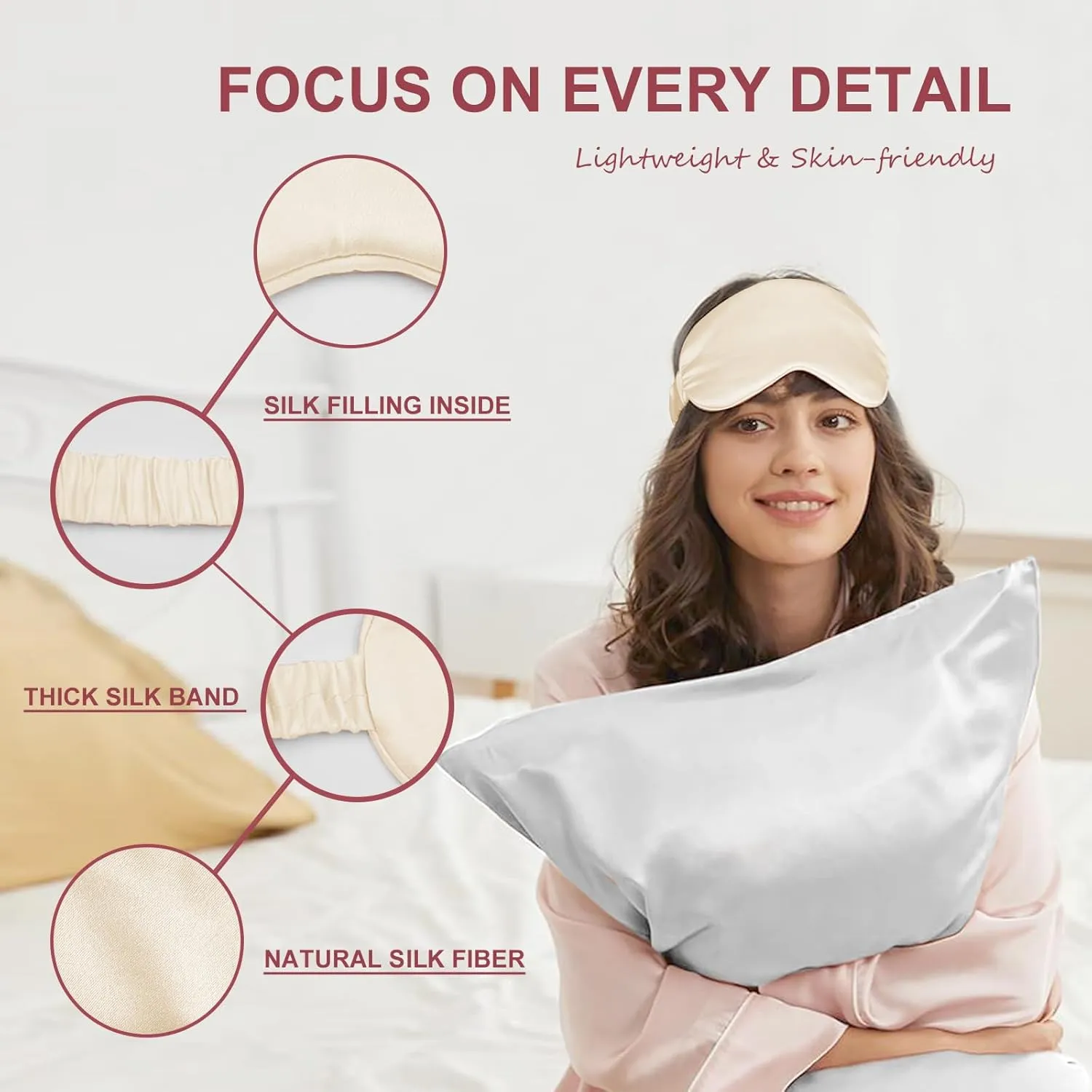 Silk Sleep Mask Eye Mask Blindfold with Double Layer Silk Filling and Elastic Strap for Full Night's Sleep, Travel and Nap, Soft Eye Cover Eyeshade with Luxury Bag and Ear Plugs (Champagne)