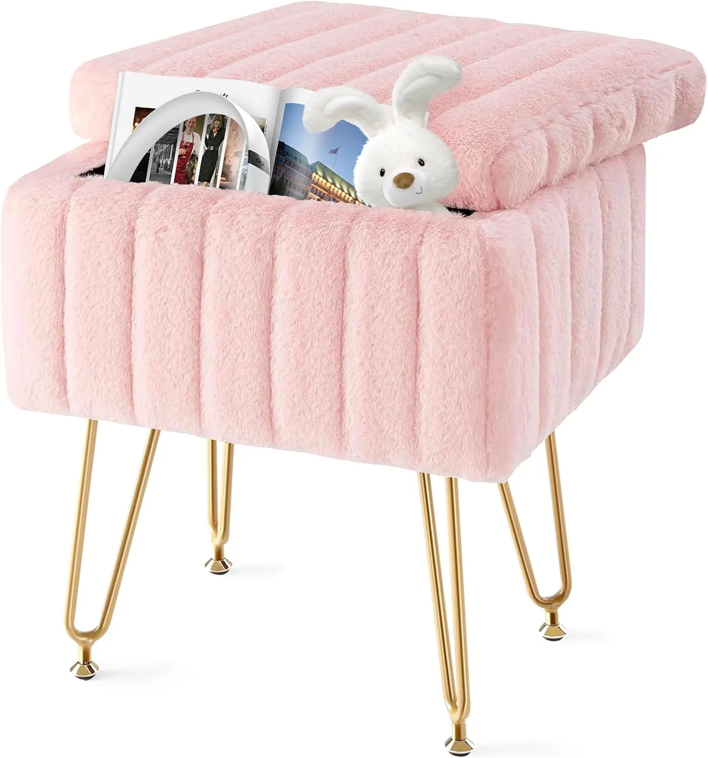 Simple Deluxe Vanity Chair Stool with Storage, Ottoman Soft Faux Fur Padded Makeup Seat, Adjustable Height Footstool with 4 Sturdy Metal Legs Anti-Slip Feet for Bedroom, Entryway, Living Room, Pink