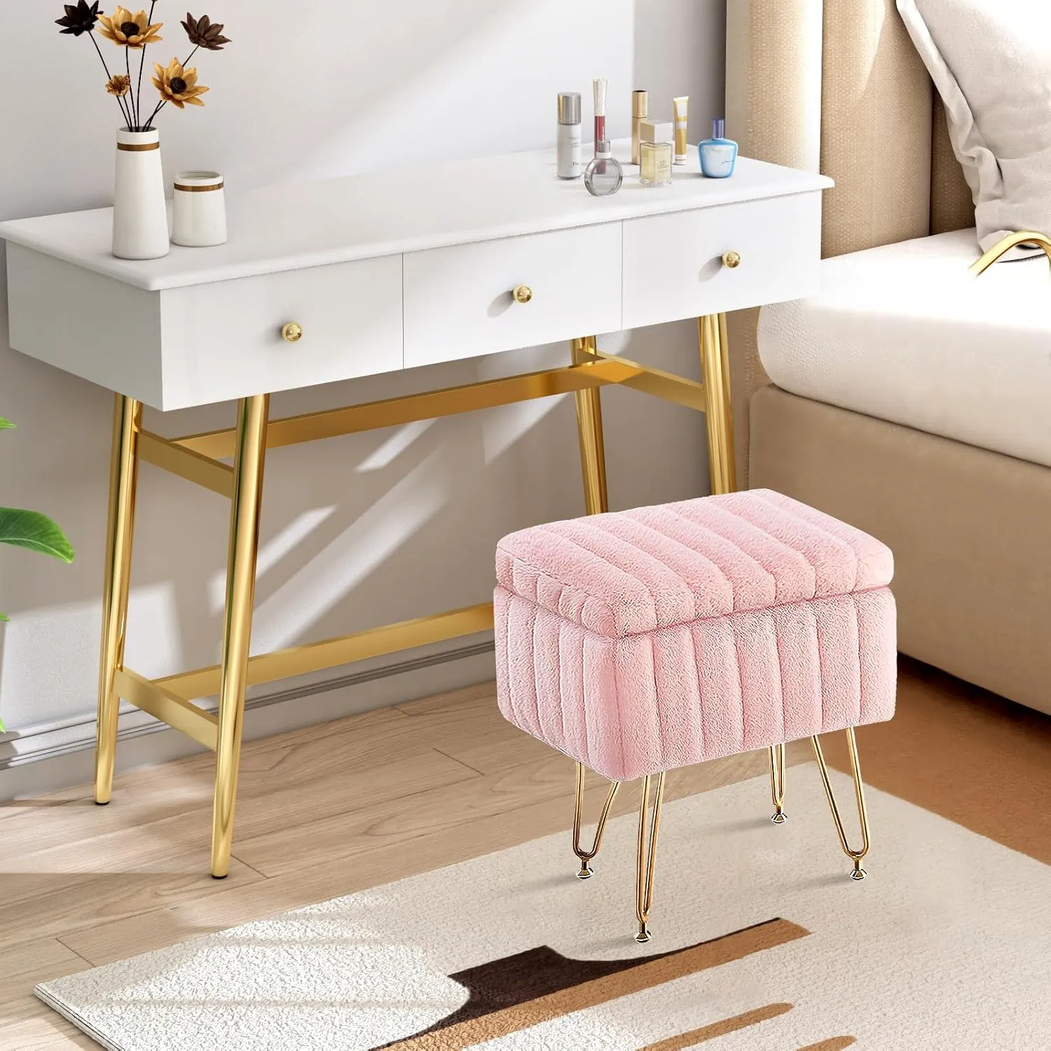 Simple Deluxe Vanity Chair Stool with Storage, Ottoman Soft Faux Fur Padded Makeup Seat, Adjustable Height Footstool with 4 Sturdy Metal Legs Anti-Slip Feet for Bedroom, Entryway, Living Room, Pink
