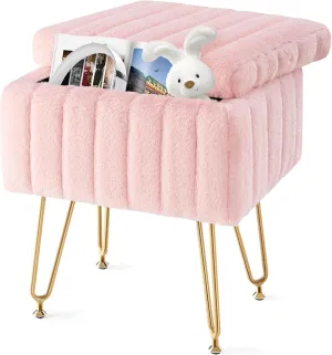 Simple Deluxe Vanity Chair Stool with Storage, Ottoman Soft Faux Fur Padded Makeup Seat, Adjustable Height Footstool with 4 Sturdy Metal Legs Anti-Slip Feet for Bedroom, Entryway, Living Room, Pink