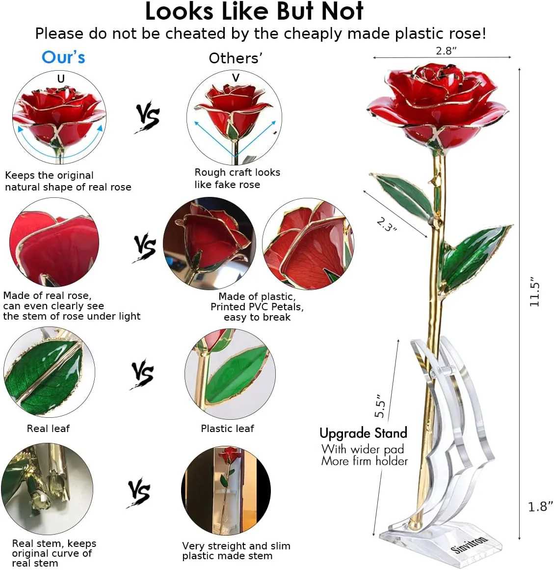 Sinvitron Gold Dipped Infinity Rose - Eternal Resin-Preserved Rose | Forever Flower Decor for Birthdays, Mother’s Day, Anniversaries | Unique Gift for Women, Mom, Wife (Red)