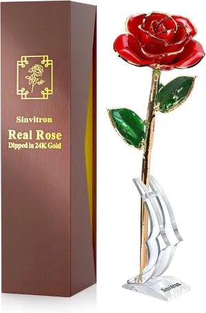 Sinvitron Gold Dipped Infinity Rose - Eternal Resin-Preserved Rose | Forever Flower Decor for Birthdays, Mother’s Day, Anniversaries | Unique Gift for Women, Mom, Wife (Red)