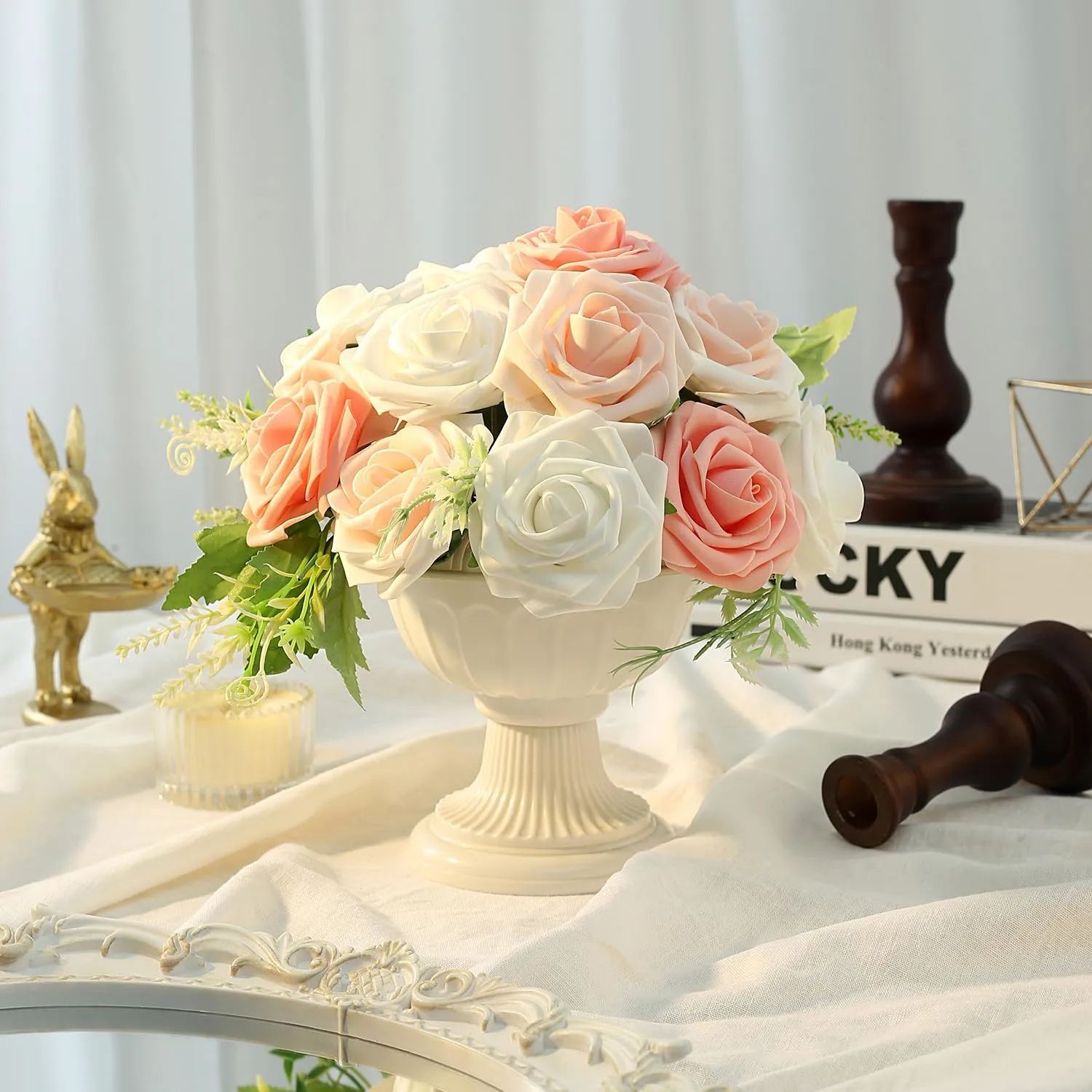SITUMEIZI Pink Roses Artificial Flowers Pink Artificial Flowers 25Pcs Foam Fake Rose with Stems for DIY Wedding Flowers Bridal Shower Table Centerpieces Party Decor