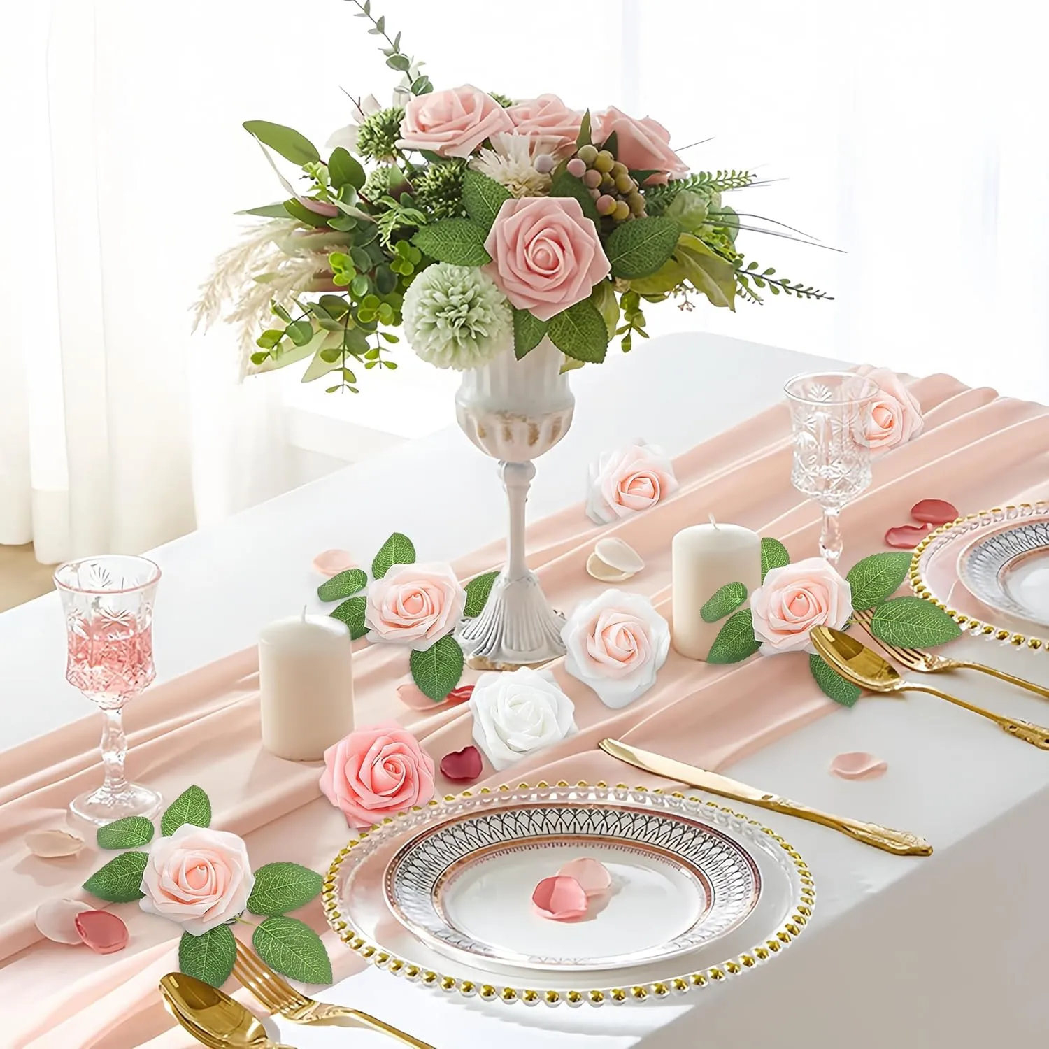 SITUMEIZI Pink Roses Artificial Flowers Pink Artificial Flowers 25Pcs Foam Fake Rose with Stems for DIY Wedding Flowers Bridal Shower Table Centerpieces Party Decor