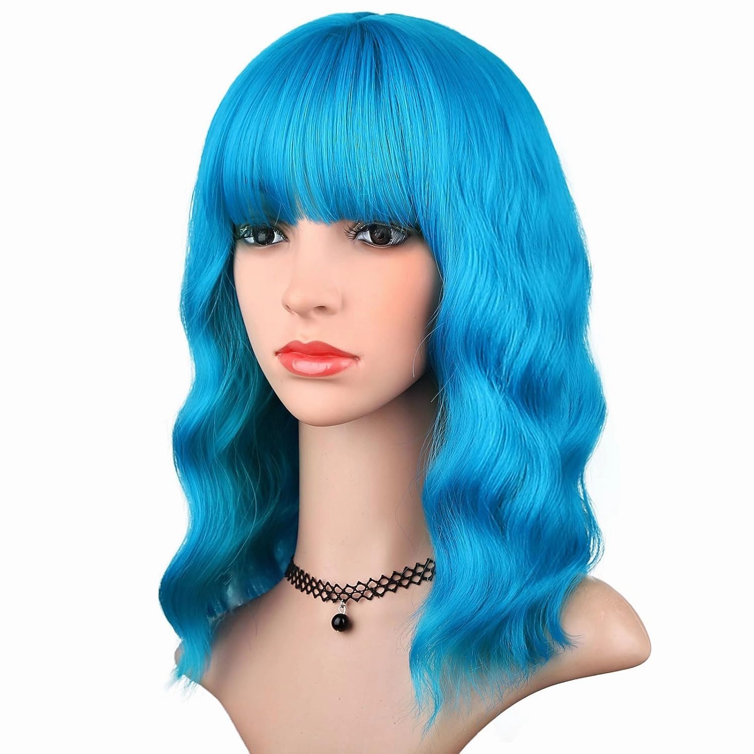 Sky Blue Wig with Bangs for Women, Short Wavy Curly Bob Wig Teal Blue Wigs 14 Inch Medium Length Turquoise Wig Party Cosplay Halloween Wigs