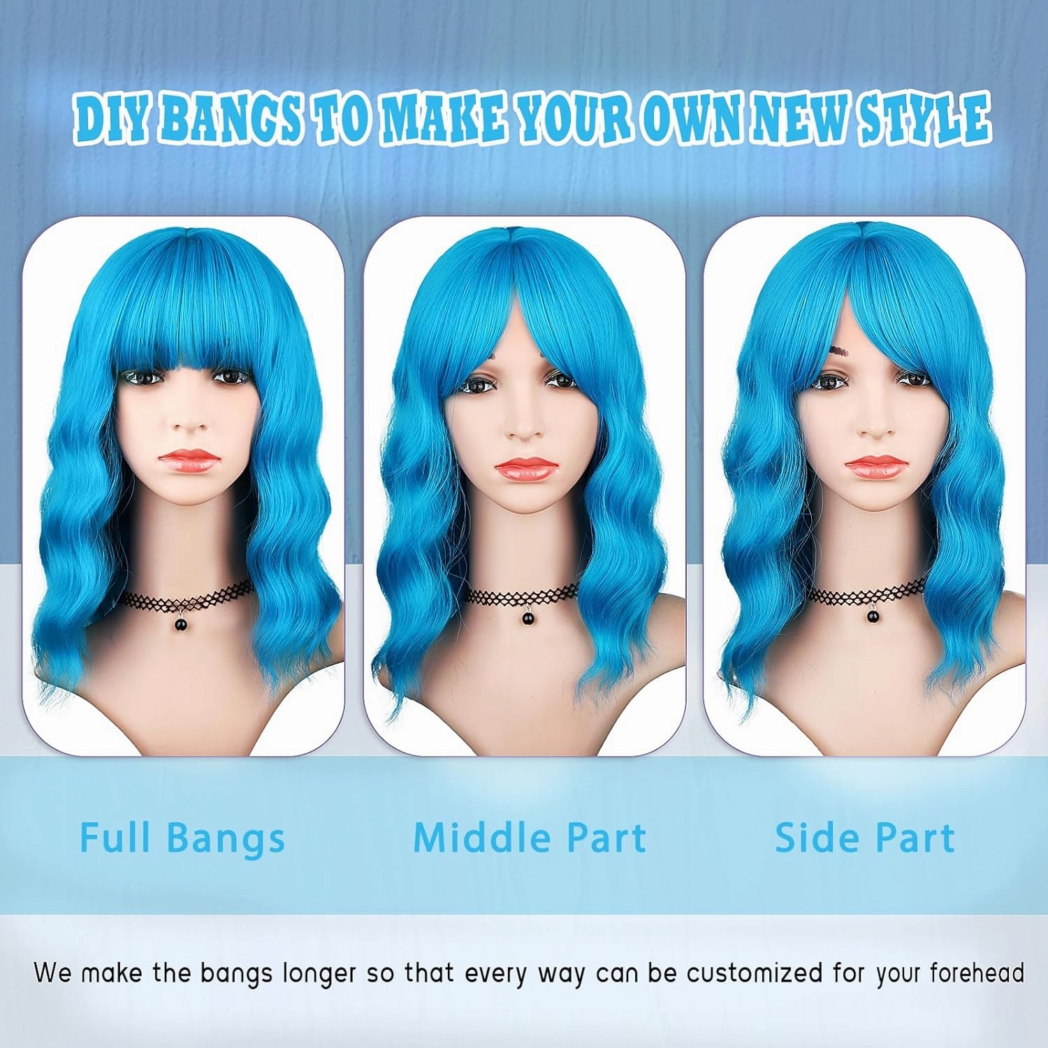 Sky Blue Wig with Bangs for Women, Short Wavy Curly Bob Wig Teal Blue Wigs 14 Inch Medium Length Turquoise Wig Party Cosplay Halloween Wigs