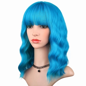 Sky Blue Wig with Bangs for Women, Short Wavy Curly Bob Wig Teal Blue Wigs 14 Inch Medium Length Turquoise Wig Party Cosplay Halloween Wigs