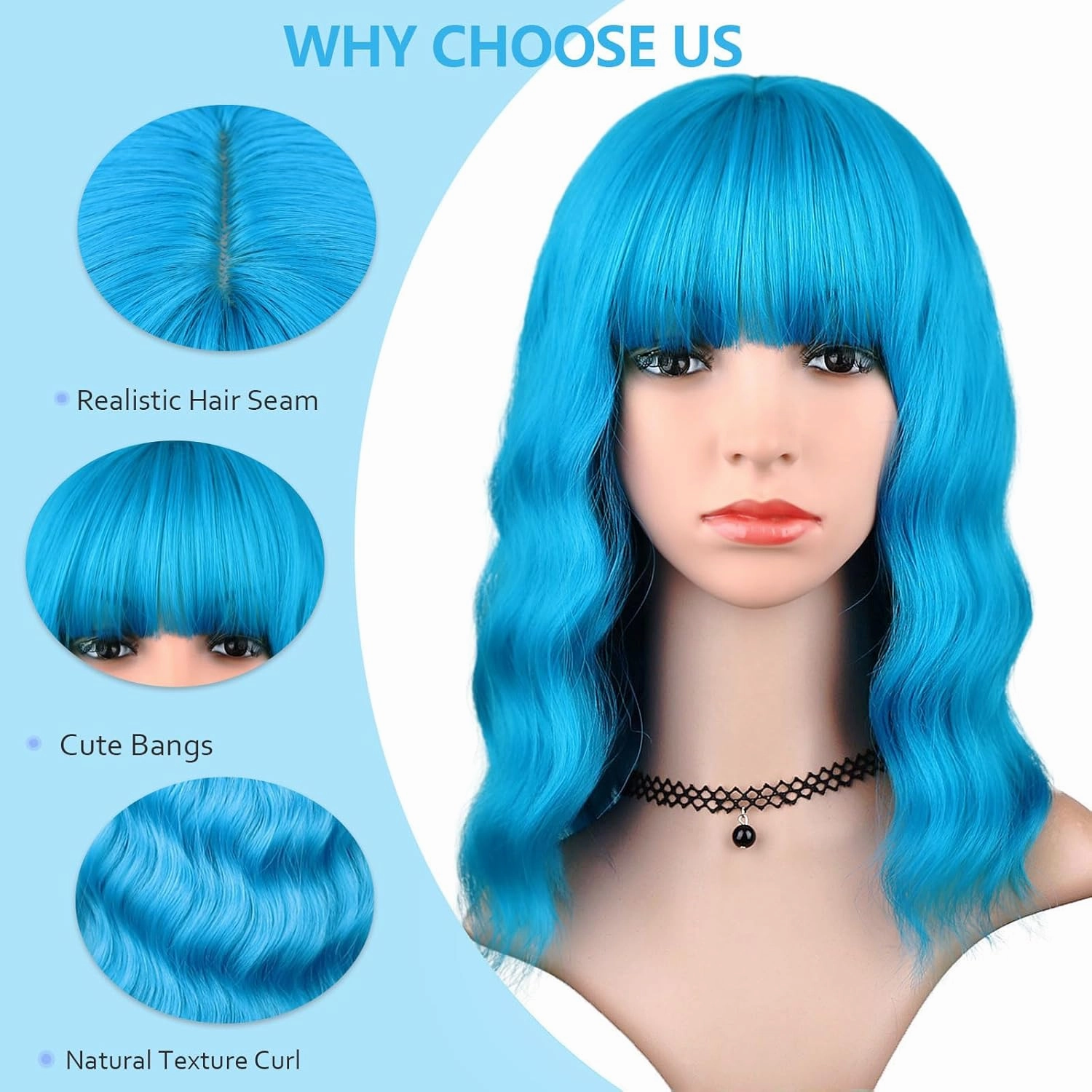 Sky Blue Wig with Bangs for Women, Short Wavy Curly Bob Wig Teal Blue Wigs 14 Inch Medium Length Turquoise Wig Party Cosplay Halloween Wigs