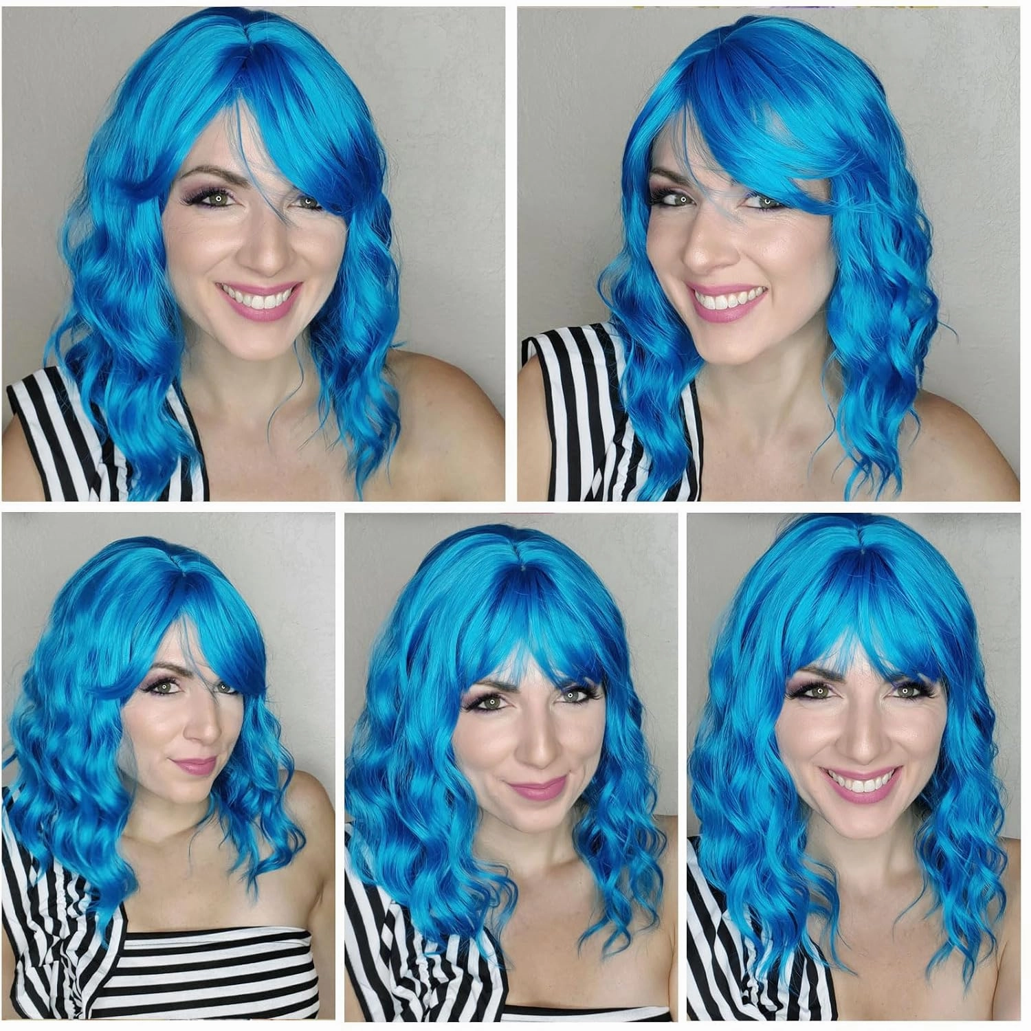 Sky Blue Wig with Bangs for Women, Short Wavy Curly Bob Wig Teal Blue Wigs 14 Inch Medium Length Turquoise Wig Party Cosplay Halloween Wigs