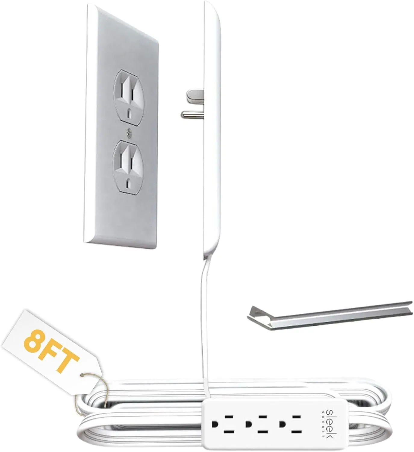 Sleek Socket No Shock Child Protector, Outlet & Plug Concealer with Protective Cord Clips, 8-Foot Flat Extension Cord with Multiple Outlets, Baby Proofing Outlet Cover, No Access To Dangerous Cords