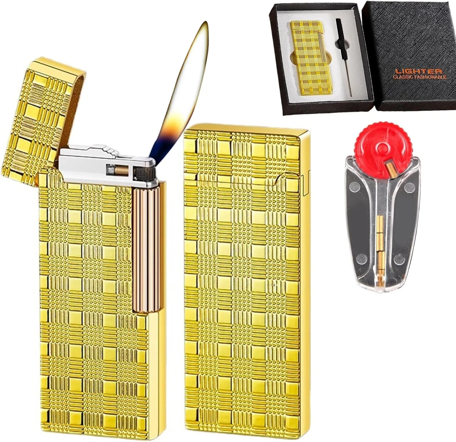 Slim Lighter，Tradition Soft Flame Lighter-Side Slip Wheel Ignition Flint Ingnition•Adjustable Flame •Butane Refillable Gas Lighter (Gas Not Included)(Gold)