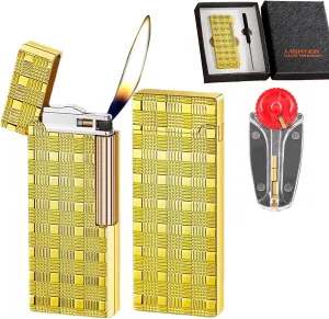 Slim Lighter，Tradition Soft Flame Lighter-Side Slip Wheel Ignition Flint Ingnition•Adjustable Flame •Butane Refillable Gas Lighter (Gas Not Included)(Gold)