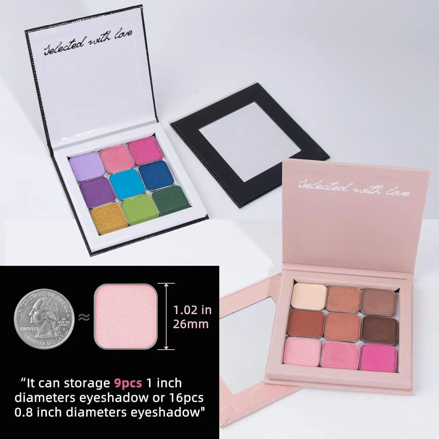 Small Empty Magnetic Makeup Palette with Mirror, 2Pack Palettes, Long Spatula, 20 Metal Stickers, Suitable for Eyeshadow Lipstick Blush Powder Highlighter and Contour (Pink  Black, Small)