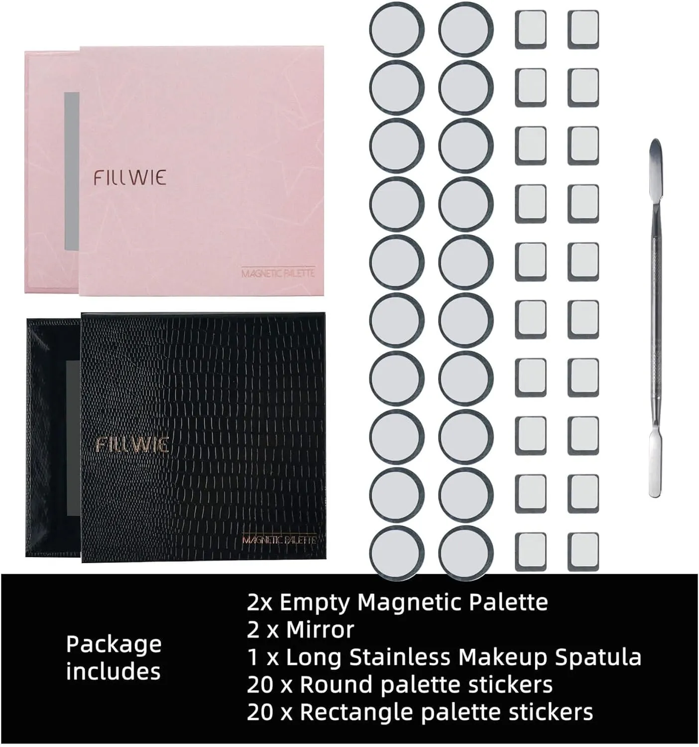 Small Empty Magnetic Makeup Palette with Mirror, 2Pack Palettes, Long Spatula, 20 Metal Stickers, Suitable for Eyeshadow Lipstick Blush Powder Highlighter and Contour (Pink  Black, Small)