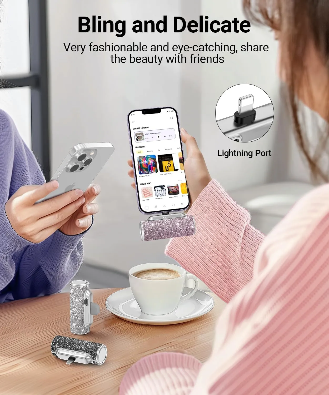 Small Portable Charger for iPhone, Mini Power Bank 4500mAh, Bling Cute Portable Phone Charger Battery Pack for iPhone 14/13/12/11/XR/8/Pro Max/Plus/Mini/SE Series - Shiny Pink